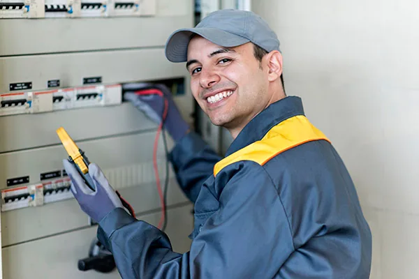Electricista sonriente revisando un tablero eléctrico con un multímetro